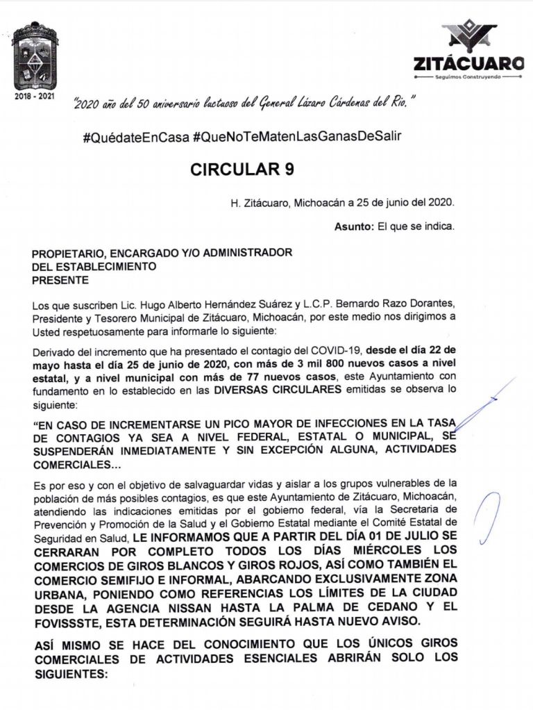 Emite Gobierno municipal, circular a prestadores de servicios para que suspendan actividades cada miércoles.