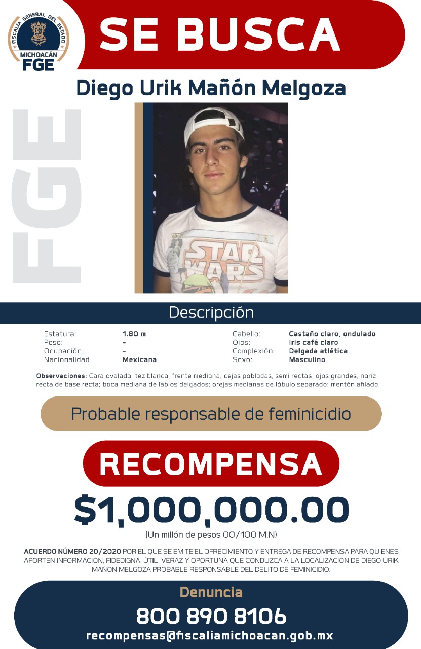 Emite FGE Acuerdo de Ofrecimiento de Recompensa para quien aporte información que lleve a la detención de Diego Urik Mañón Melgoza