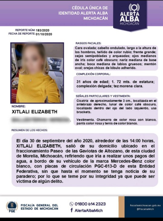 Continúa FGE investigaciones por desaparición de Xitlali Elizabeth Ballesteros Heredia.
