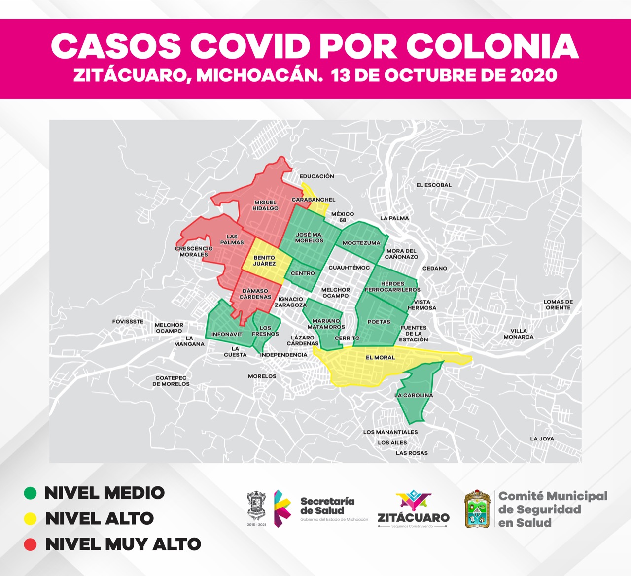 Con mapa epidemiológico ,Ayuntamiento de Zitácuaro da a conocer las colonias y tenencias con casos activos de COVID-19.