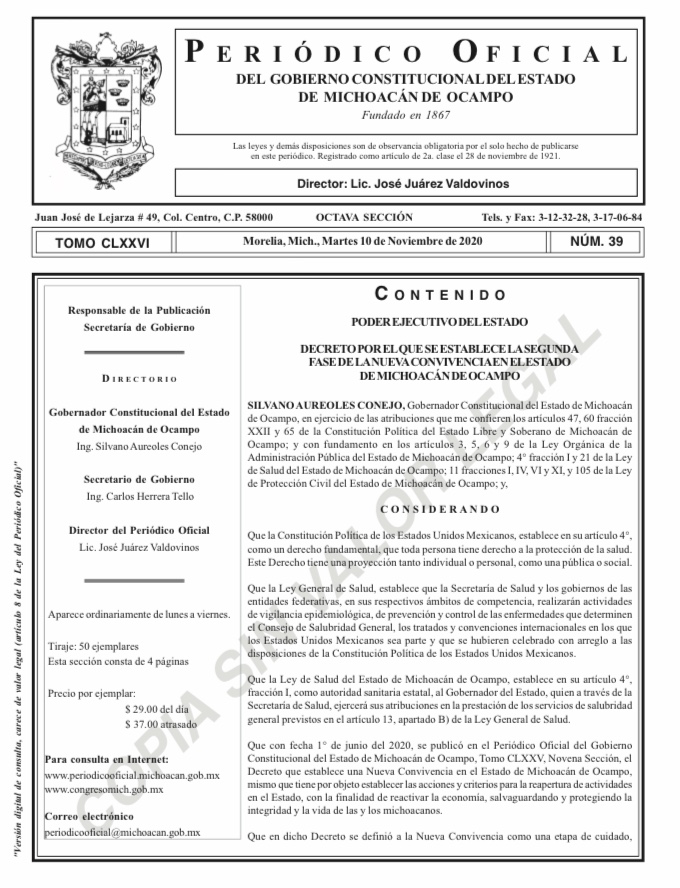 Emite Gobernador decreto sobre segunda fase de la Nueva Convivencia