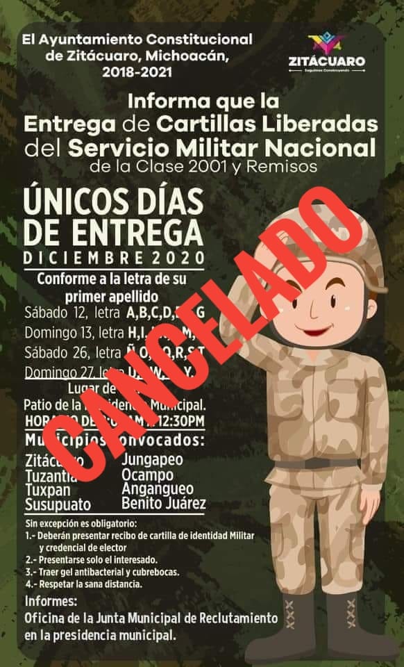 Cancela SEDENA por contingencia, entrega de cartillas militares este fin de semana