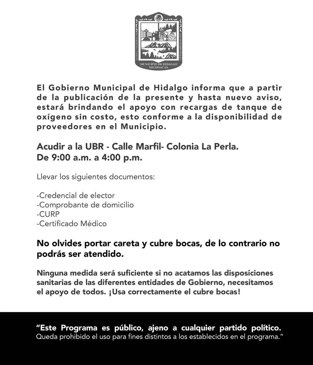 Ayuntamiento de Hidalgo da apoyo con recargas de tanque de oxígeno para apoyar a enfermos que lo requieran.