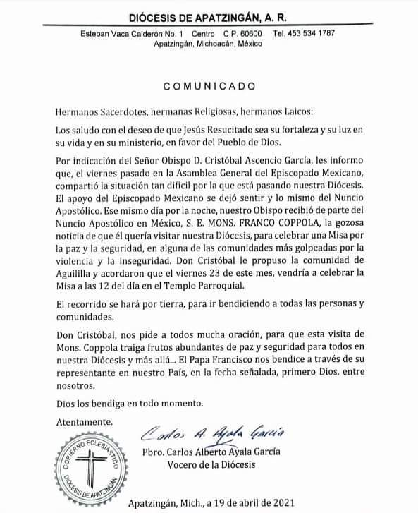 El monseñor Franco Copola visitará el próximo viernes el municipio de Aguililla