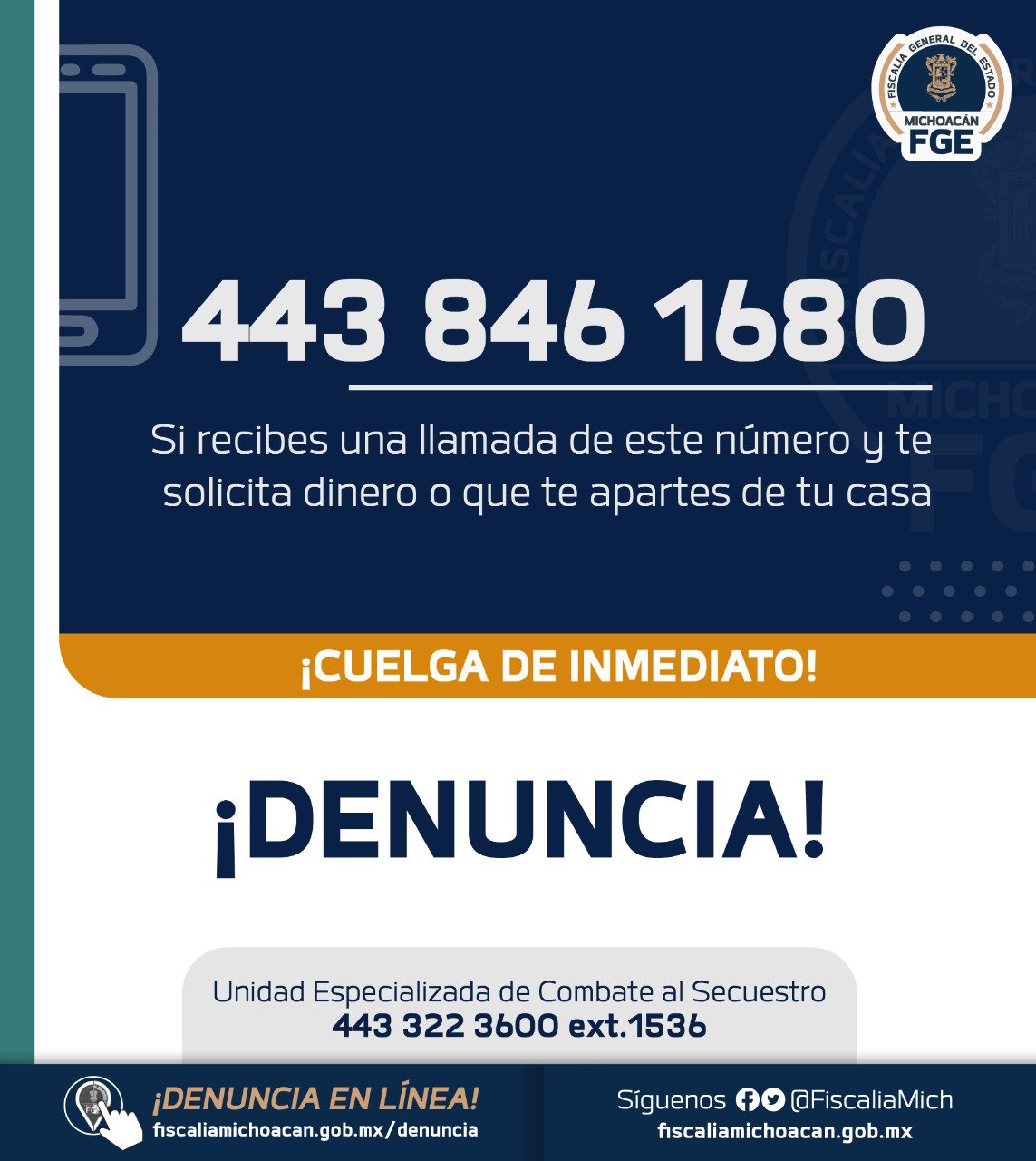 Localiza Fiscalía General a estudiante víctima de extorsión virtual en Coeneo.