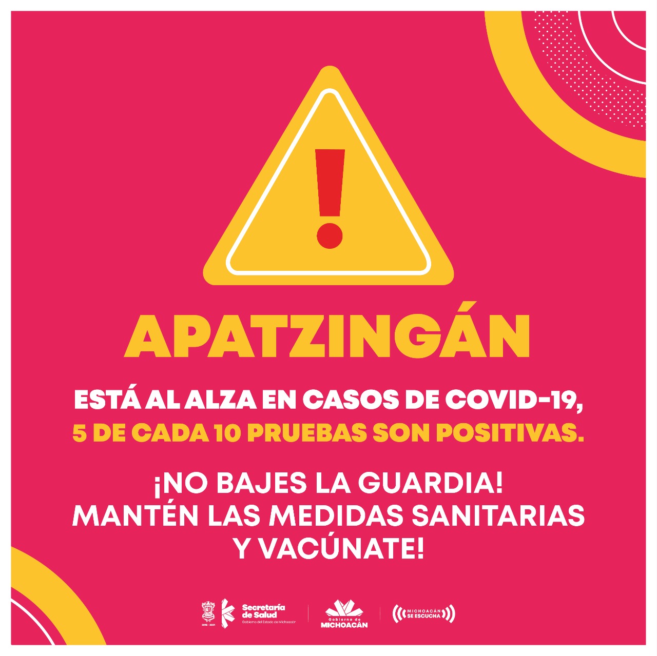 En Apatzingán se registran 5 casos positivos por cada 10 pruebas de COVID-19