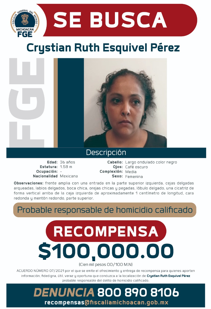 Ofrece Fiscalía General recompensa para localizar y detener a Crystian Ruth Esquivel Pérez, probable responsable del homicidio de un menor.
