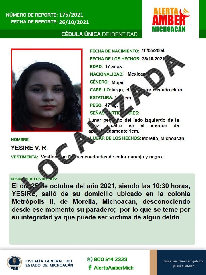 Desactiva FGE Alerta Amber; localiza a una adolescente reportada como desaparecida en Morelia