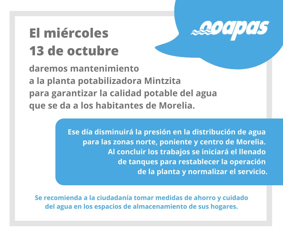 Este miércoles OOAPAS dará mantenimiento a la Planta Potabilizadora Mintzita