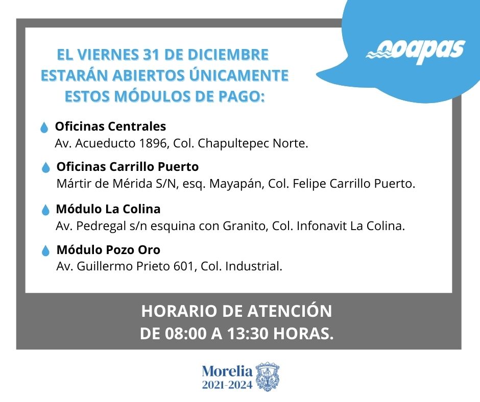 Aviso OOAPAS sobre horarios de atención el 31 de diciembre