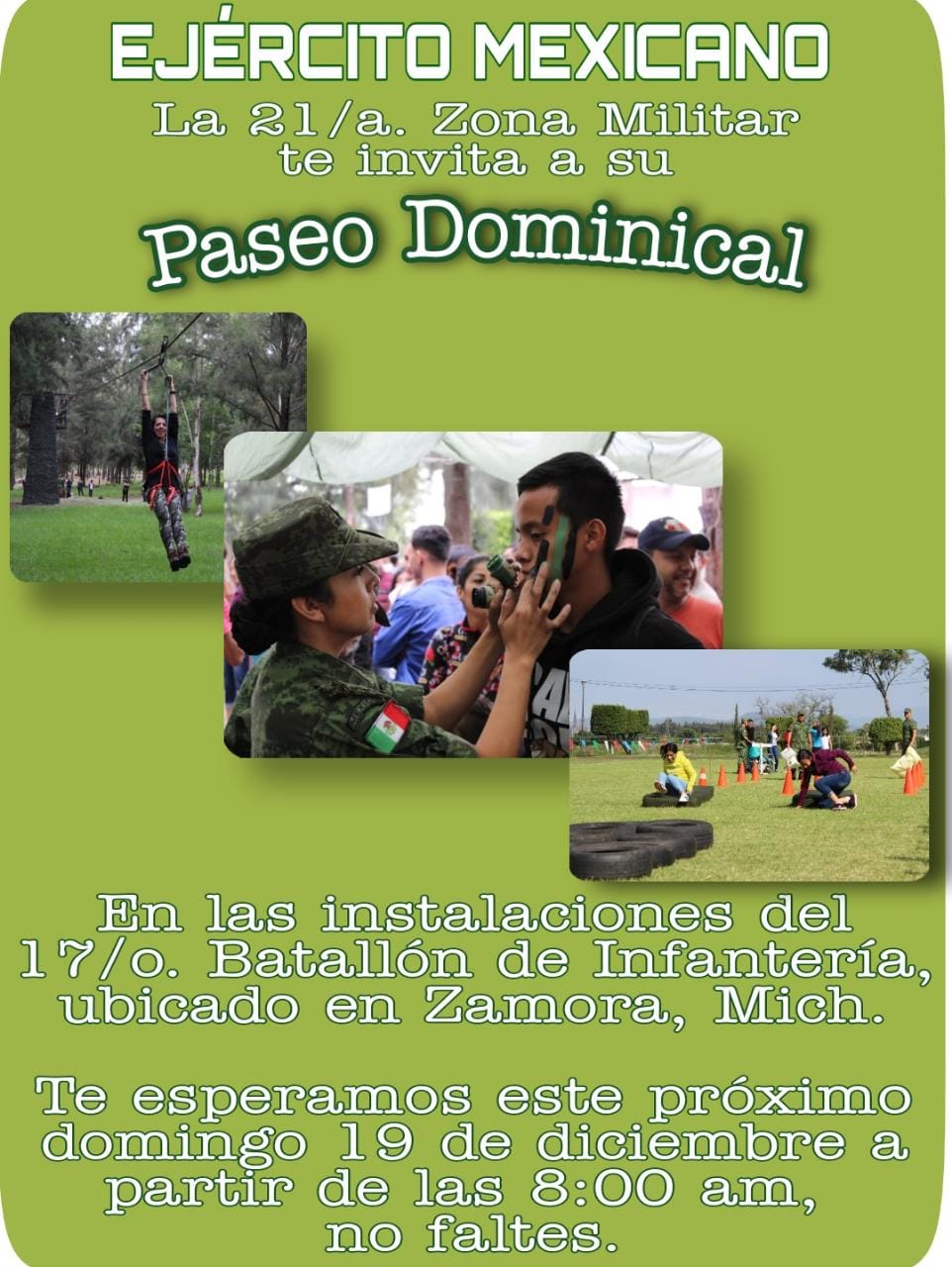 La 21/a. Zona Militar invita a la población en general para que asistan al Paseo Dominical