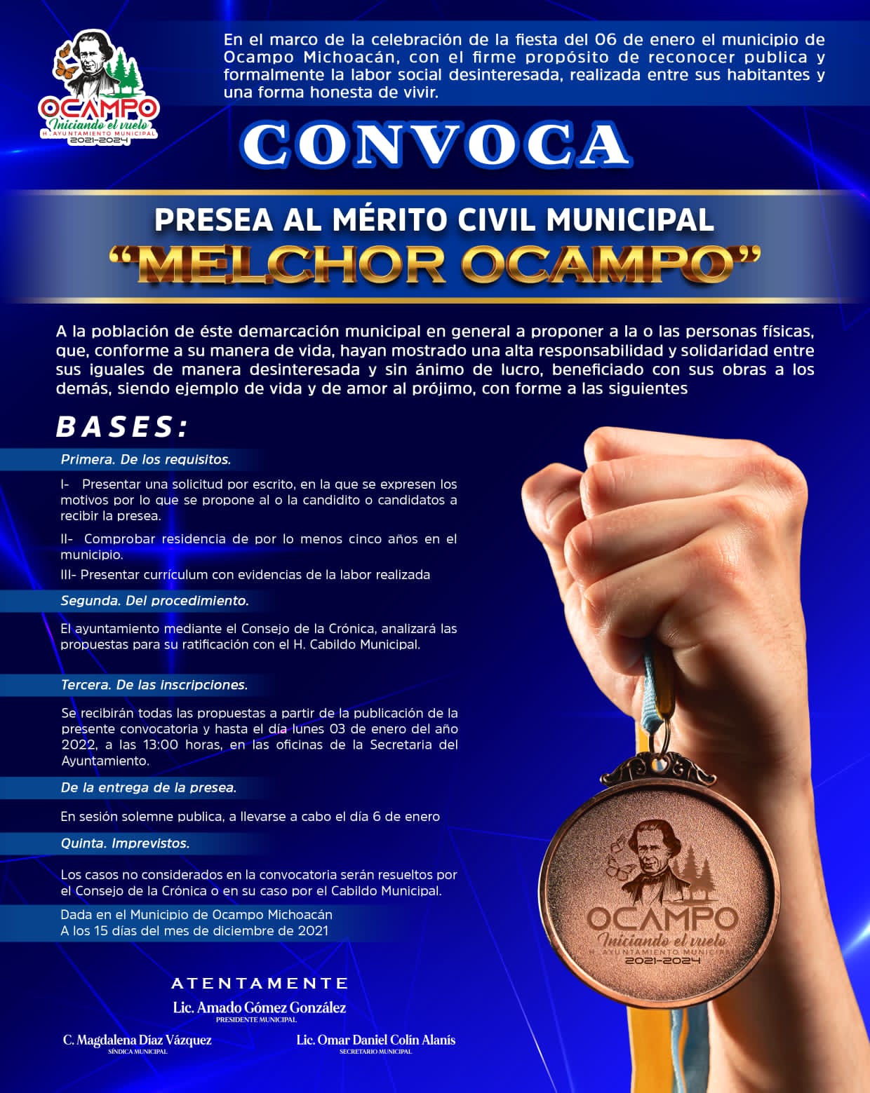 Ayuntamiento de Ocampo abre la convocatoria a la presea al mérito civil «Melchor Ocampo