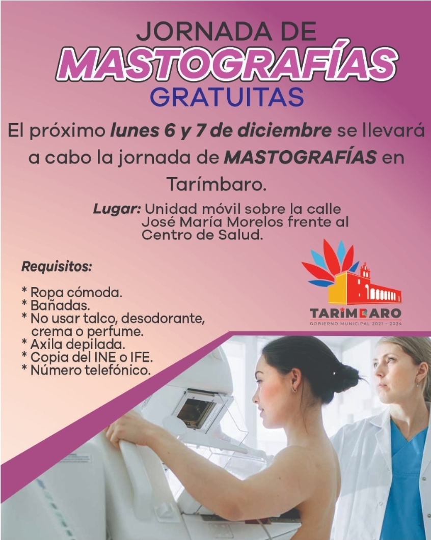 Habrá jornada de mastografías gratuitas en Tarímbaro el próximo 7 de diciembre
