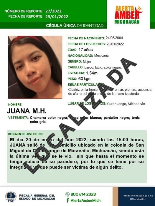 Desactiva FGE Alerta Amber tras localizar a adolescente reportada como desaparecida en Maravatío