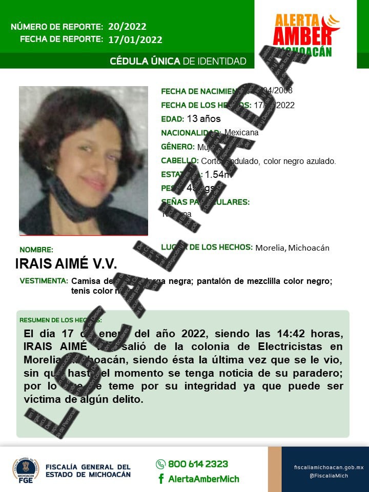 Localiza Fiscalía General a una adolescente reportada como desaparecida, en Morelia