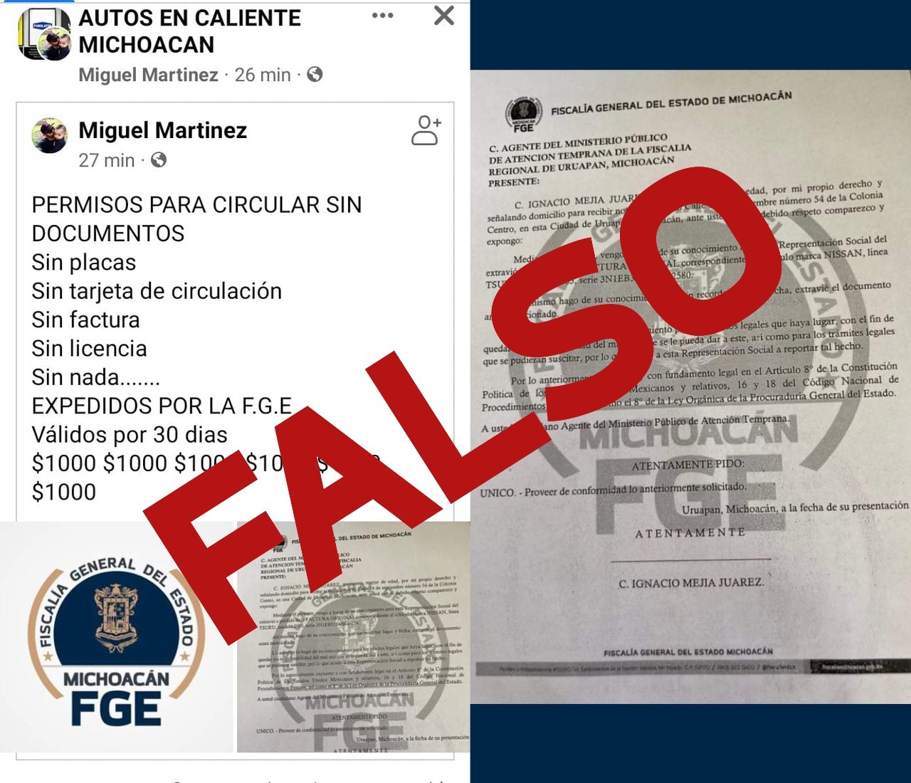 Alerta FGE sobre fraude por la expedición de permisos apócrifos para circular sin documentos