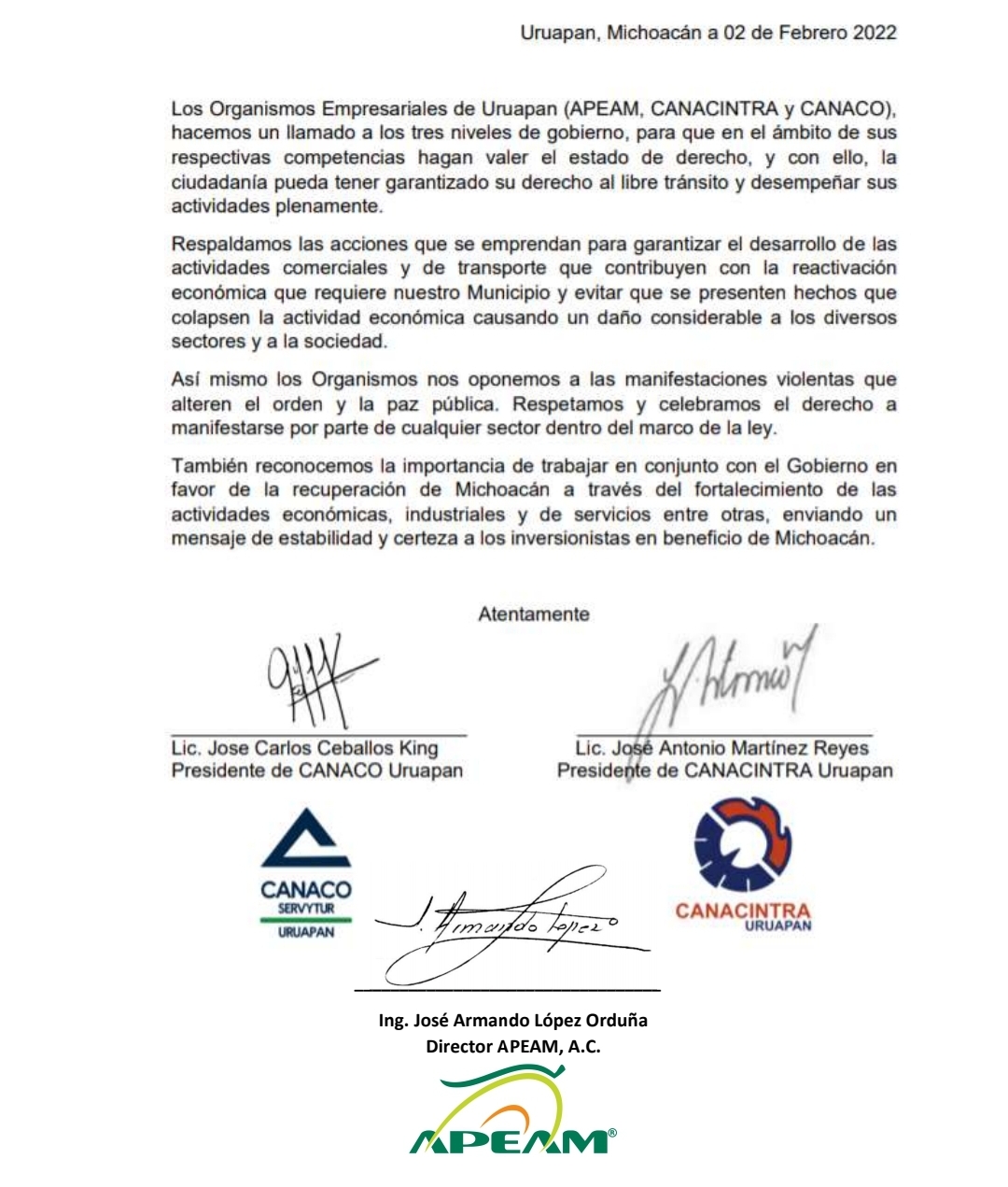Los organismos empresariales de Uruapan hacen un llamado a los tres órdenes de gobierno para que hagan valer el estado de derecho y garantizar al libre tránsito.