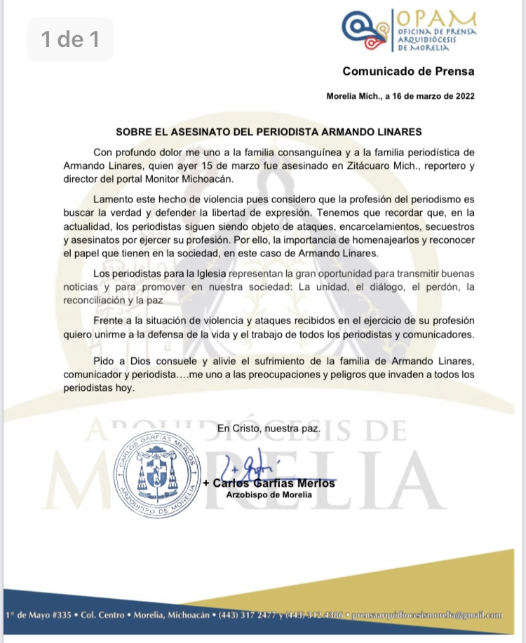 Sobre el asesinato del periodista Armando Linares: Carlos Garfias Merlos Arzobispo de Morelia