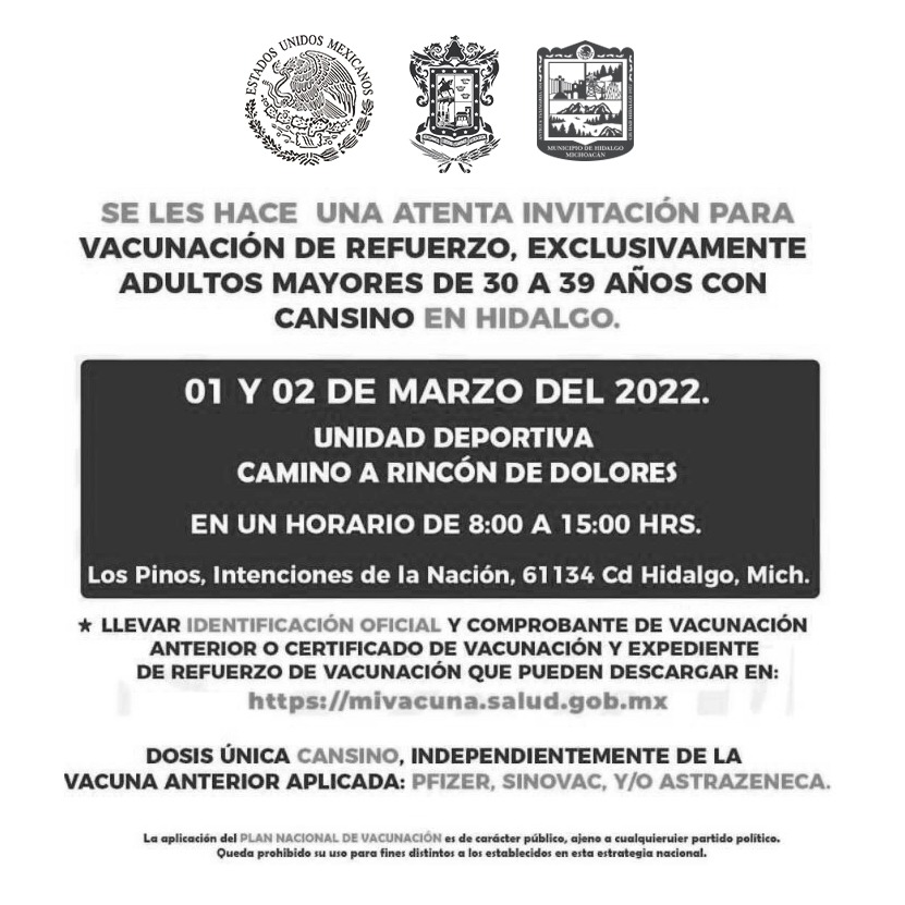 Este martes 1 y miércoles 2 de marzo se aplicará vacuna de refuerzo a personas de 30 a 39 años.