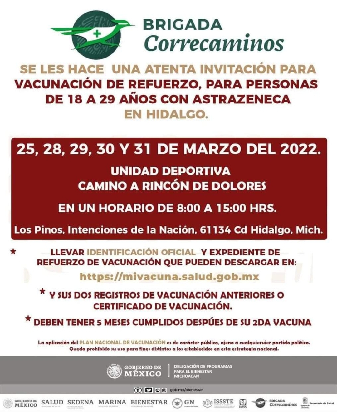 Se aplicará el refuerzo de la vacuna contra el COVID-19 a personas de 18 a 29 años de edad con el biológico Astrazeneca en el Municipio de Hidalgo