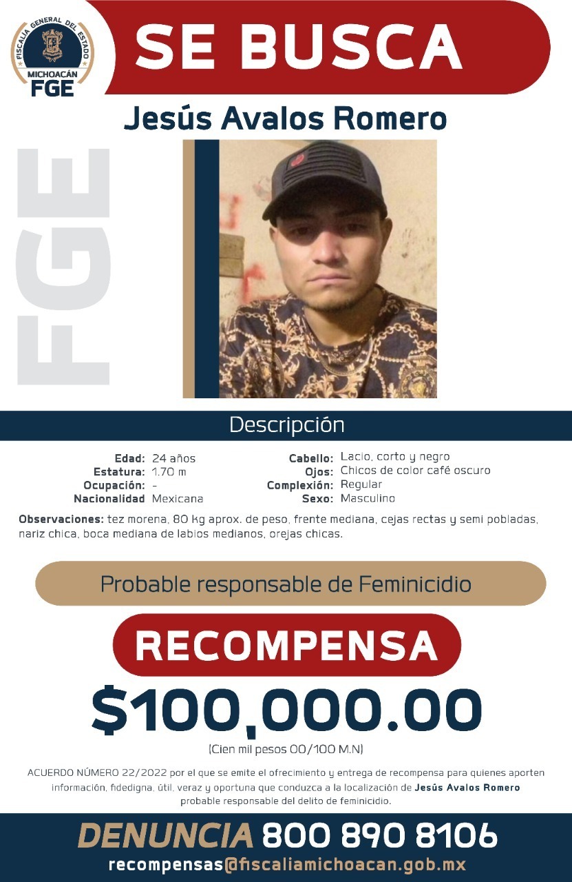 Ofrece Fiscalía General recompensa para localizar y detener a Jesús Ávalos Romero, presunto responsable del feminicidio de una menor de 3 años de edad
