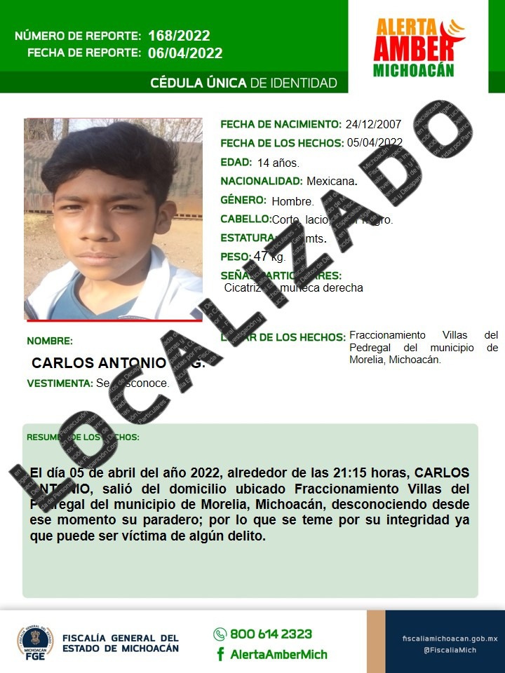 En Morelia, localiza Fiscalía General a adolescente reportado como desaparecido.