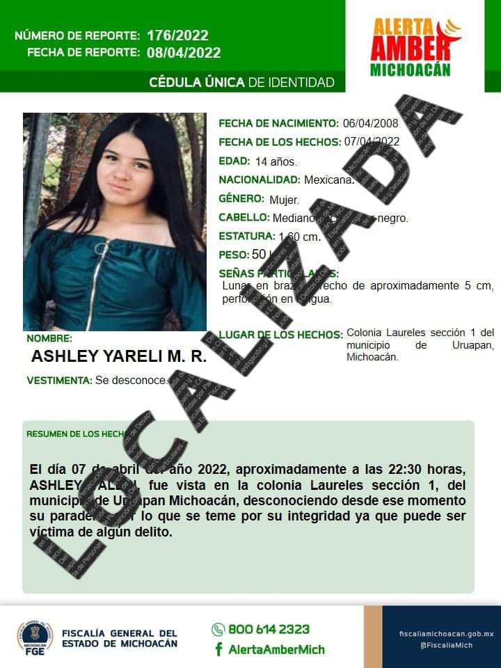 Localiza Fiscalía General a adolescente reportada como desaparecida en Uruapan