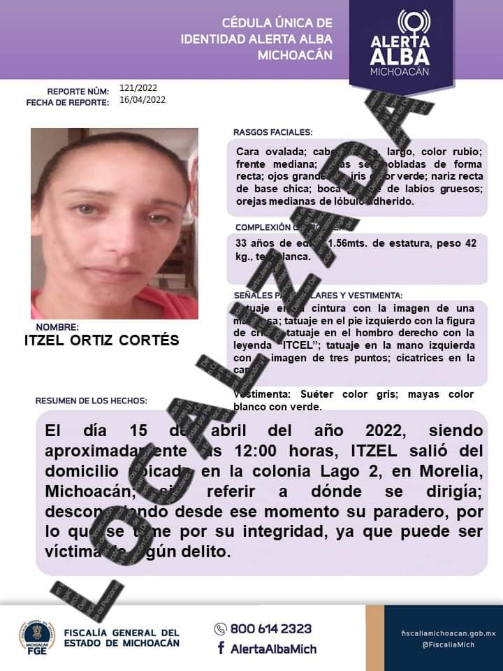 Desactiva FGE alerta Alba al localizar a mujer reportada como desaparecida en Morelia.   