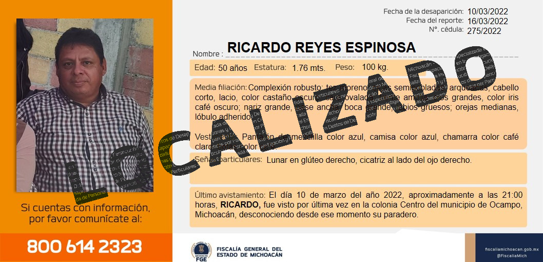 Localiza Fiscalía General a un hombre reportado como desaparecido en Ocampo.
