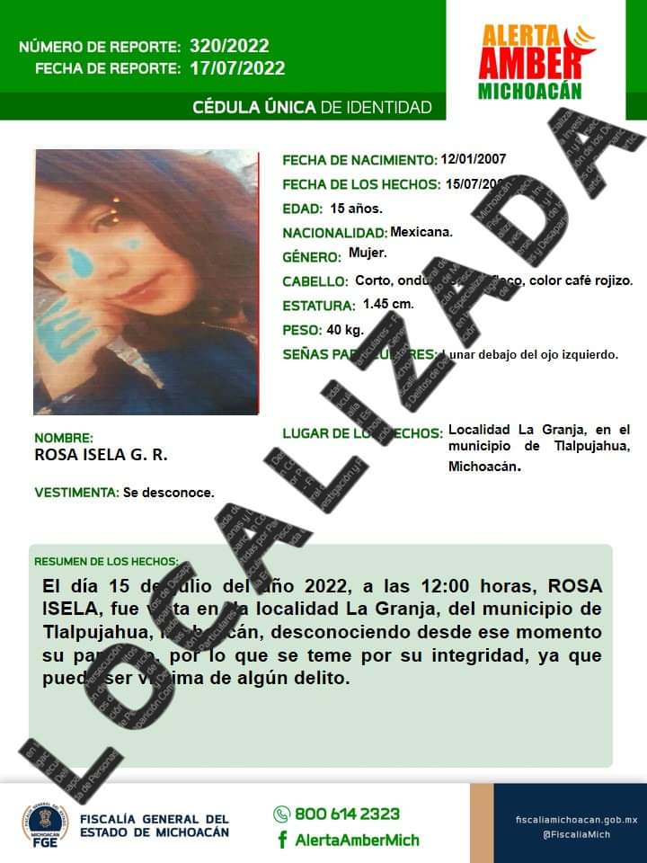 Localiza Fiscalía General a adolescente reportada como desaparecida en Tlalpujahua