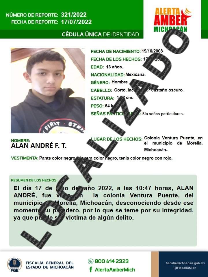 Localiza FGE a adolescente reportado como desaparecido en Morelia; Alerta Amber ya fue desactivada