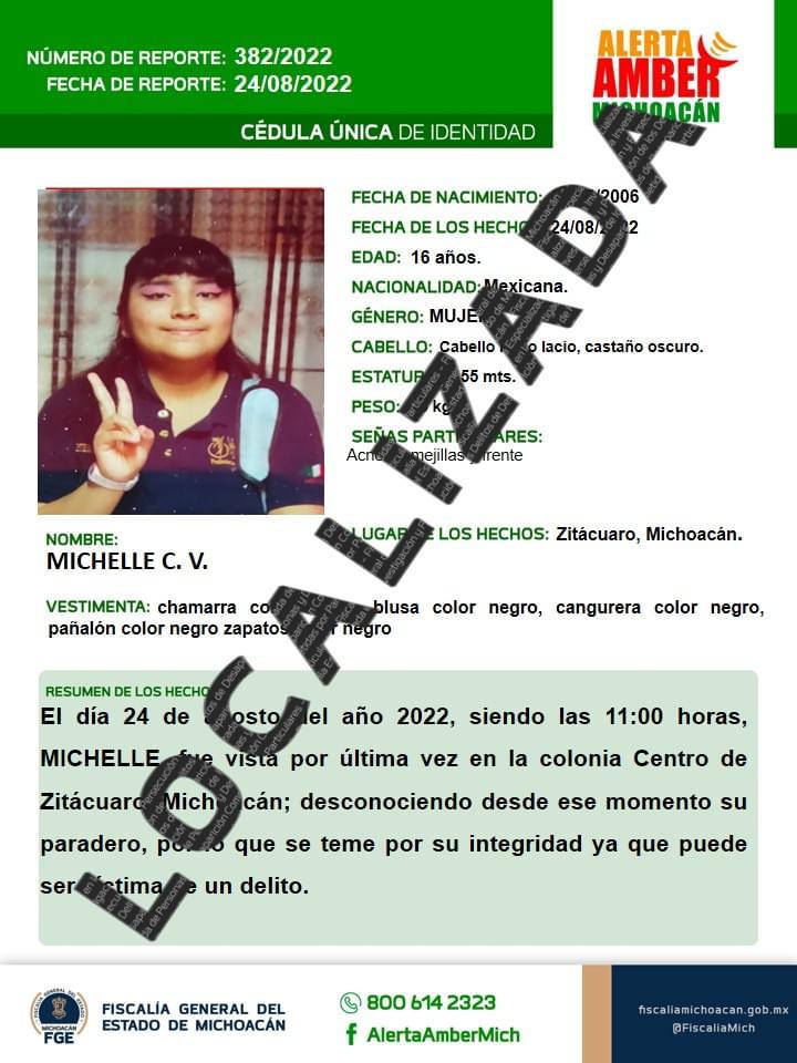 Localiza FGE a una adolescente reportada como desaparecida, en Zitácuaro