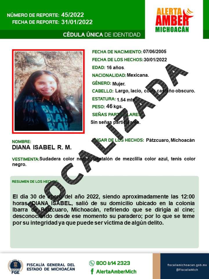 Localiza FGE a una adolescente reportada como desaparecida en Pátzcuaro.