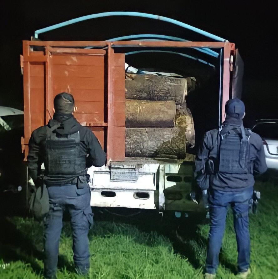 En Uruapan, Guardia Civil asegura camioneta cargada con madera presuntamente de tala ilegal.