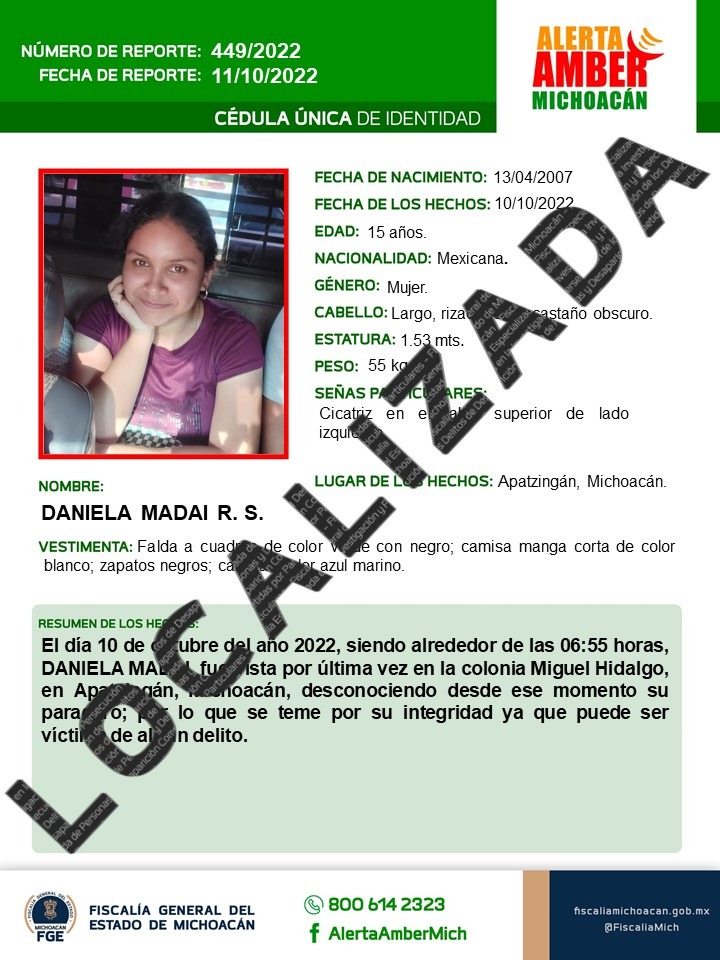 En Veracruz, localiza FGE a adolescente reportada como desaparecida en el municipio de Apatzingán.