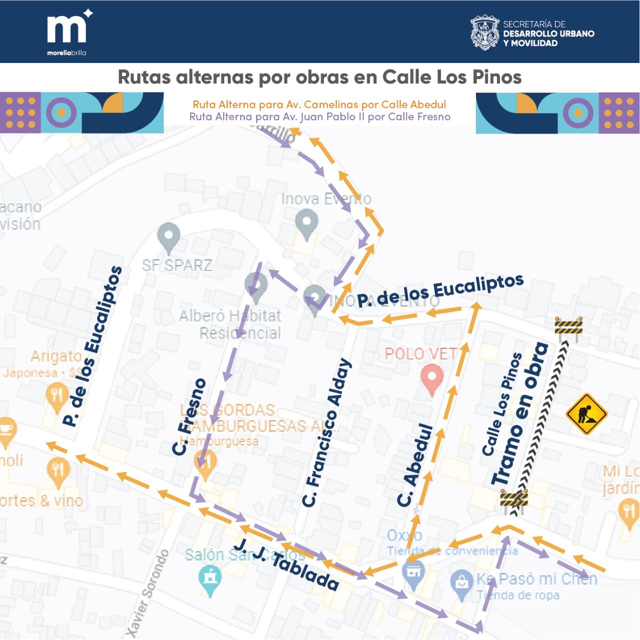 Anuncia SEDUM rutas alternas por obra en calle Los Pinos.