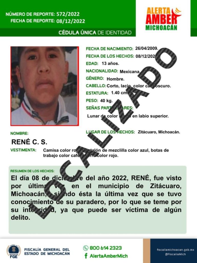 Localiza FGE a R.C.S de 13 años de edad, reportado como desaparecido en Zitácuaro