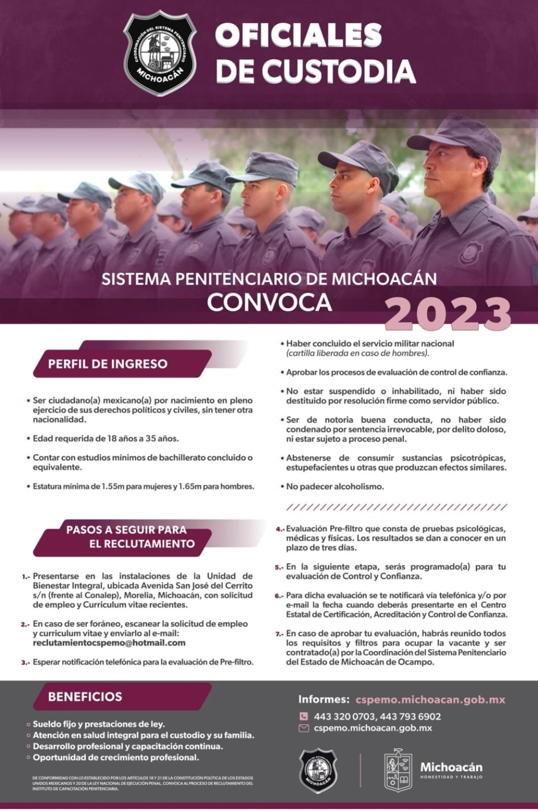 Lanza Sistema Penitenciario convocatoria de reclutamiento 2023 para oficiales de custodia