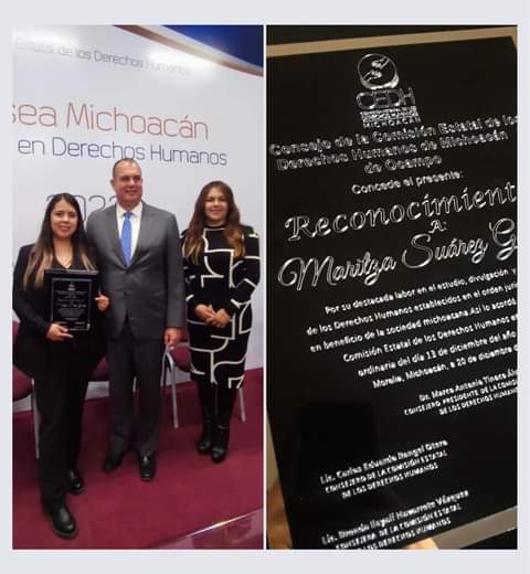 Maritza Suárez recibió reconocimiento del Consejo de la Comisión Estatal de los Derechos Humanos de Michoacán