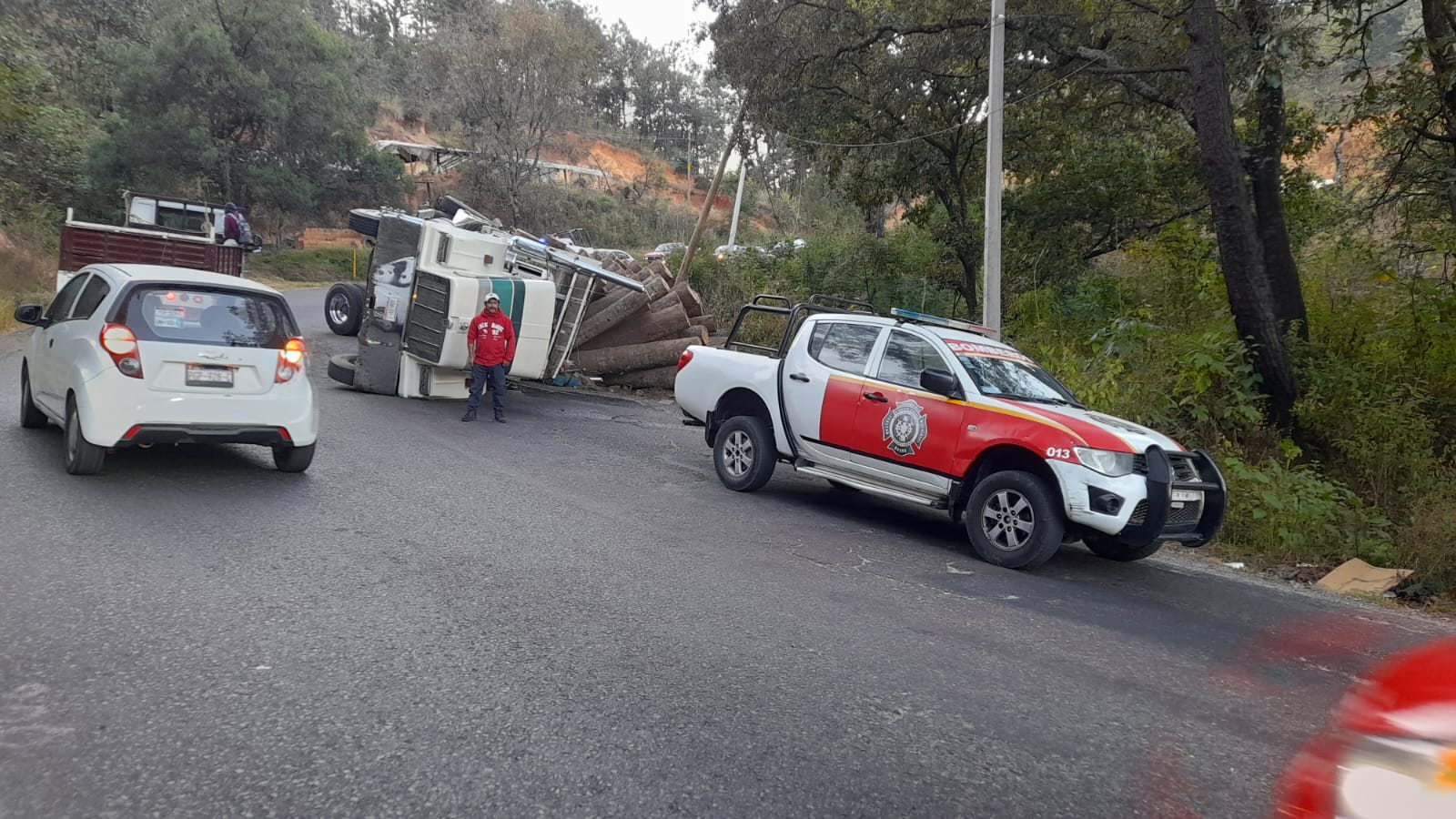 Cuantiosos daños materiales al volcar un camión cargado de madera en Zitácuaro.