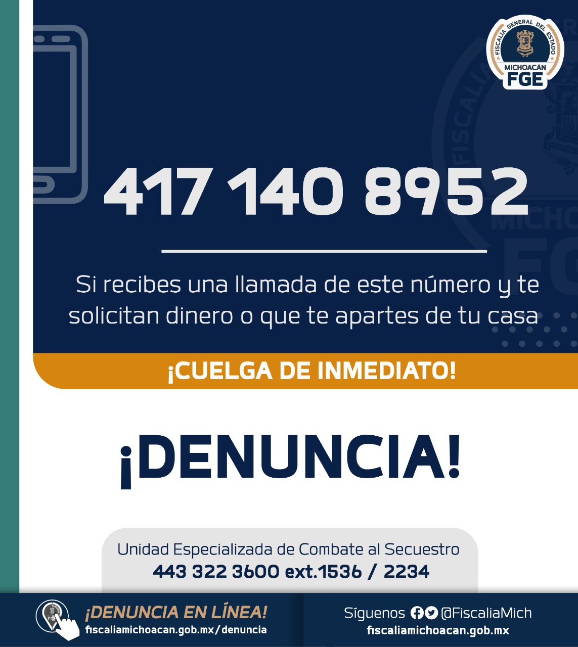Localiza Fiscalía General a una adolescente víctima de secuestro virtual, en el municipio de Zinapécuaro