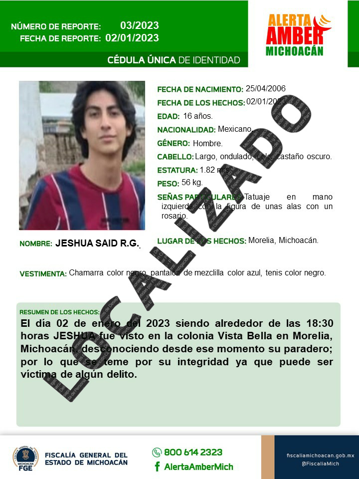 Localiza FGE a adolescente reportado como desaparecido en Morelia