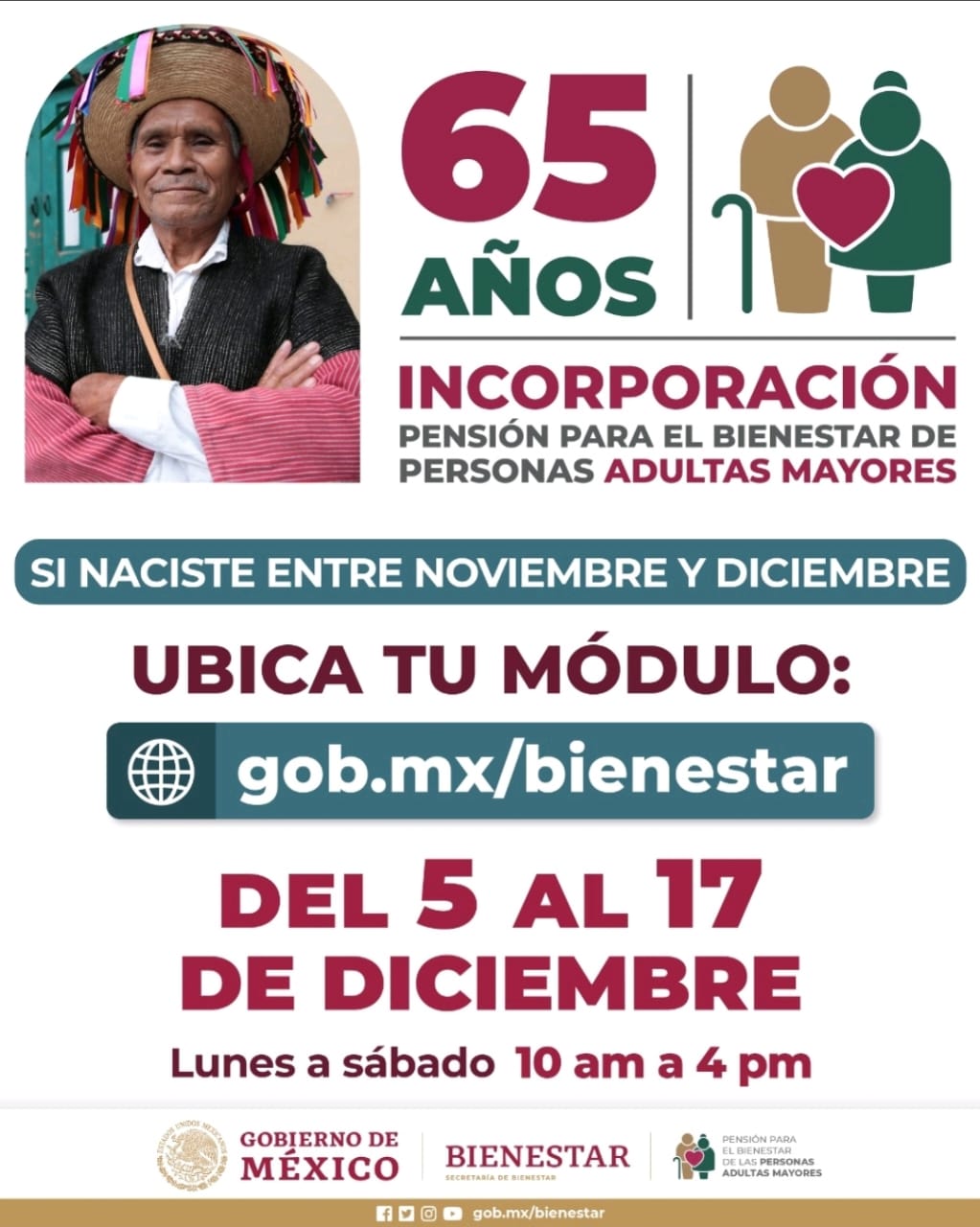 Del 5 al 17 de diciembre, registro a Pensión para el Bienestar de Personas Adultas Mayores en el país