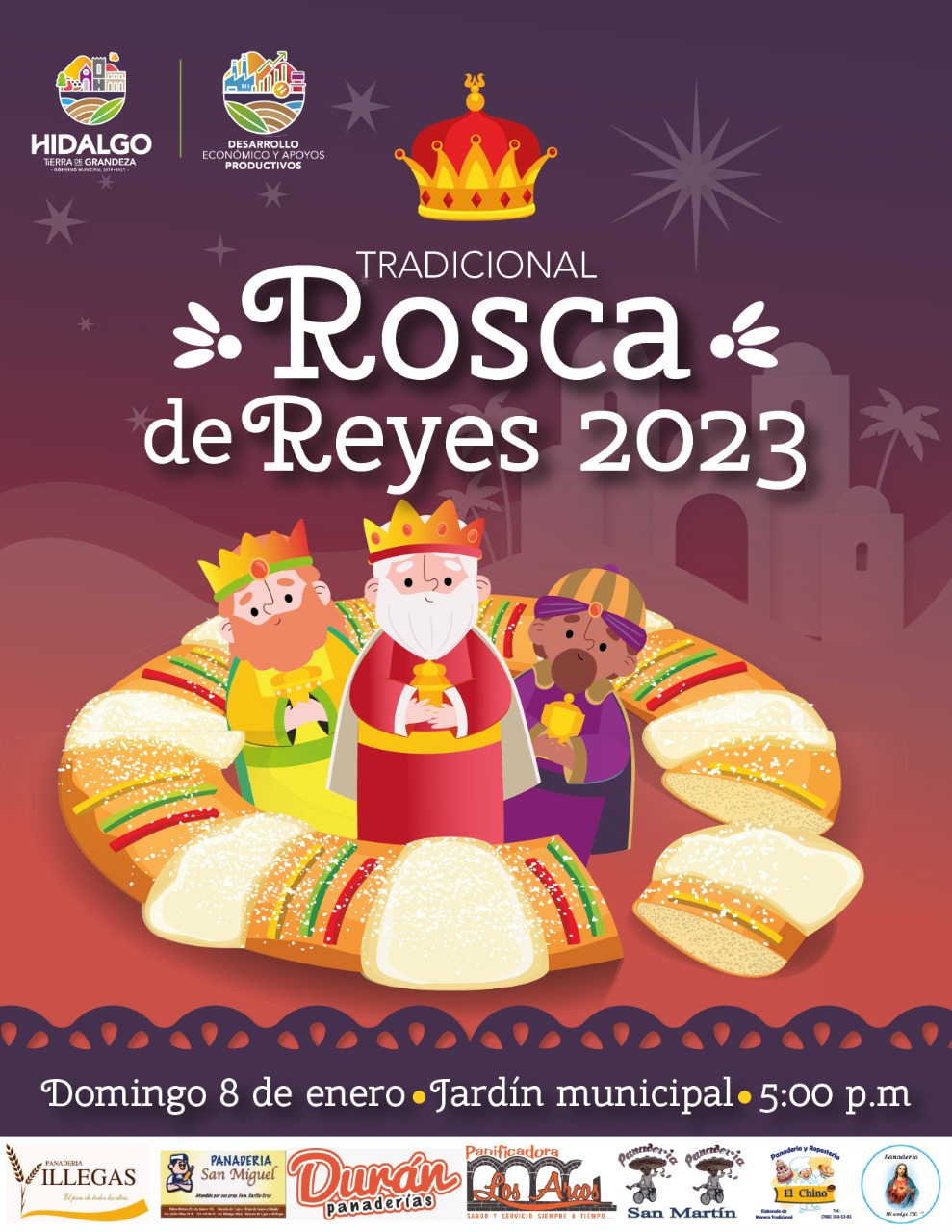 Ayuntamiento de Hidalgo invitan a Monumental Rosca de Reyes 2023 el próximo domingo 8 de enero en el Jardín Principal.