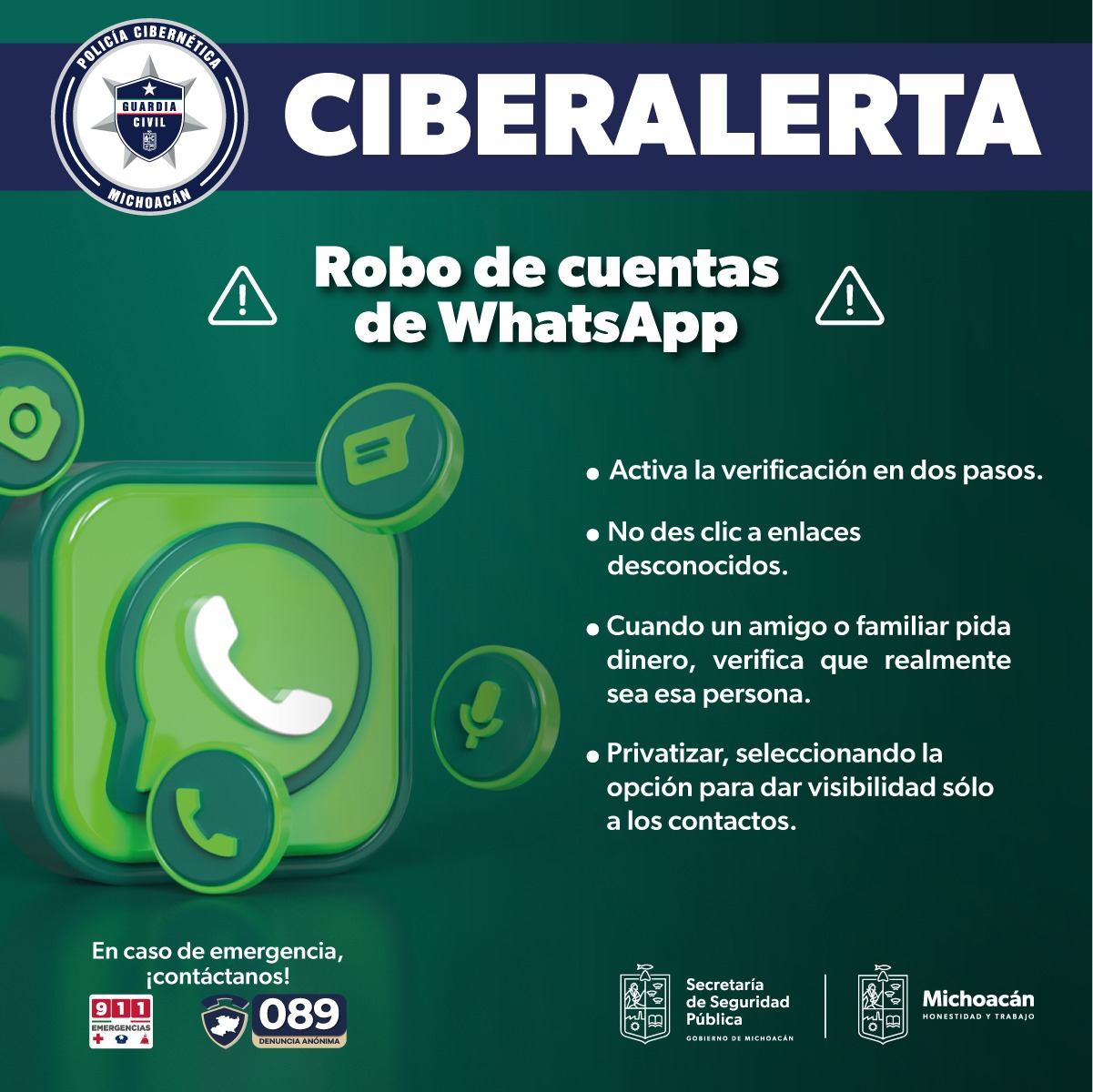 SSP emite alerta por extorsiones vía WhatsApp.