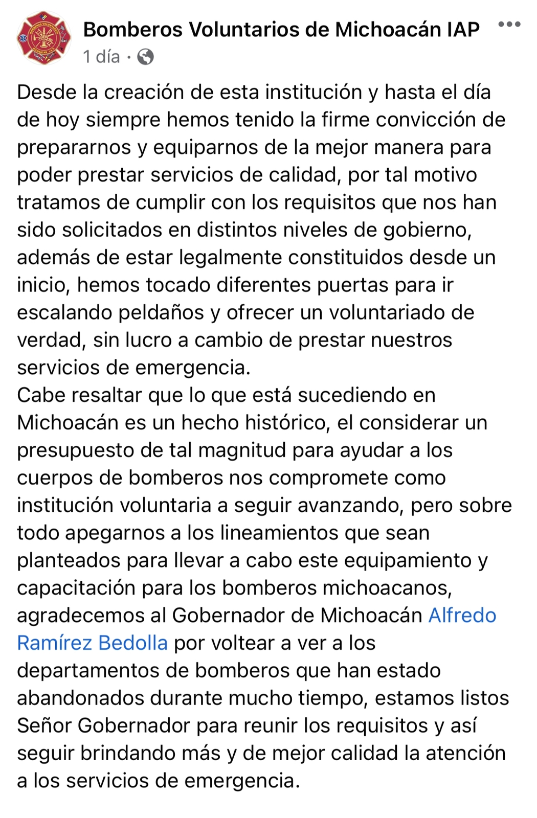 Reconocen bomberos apoyo histórico de Bedolla.