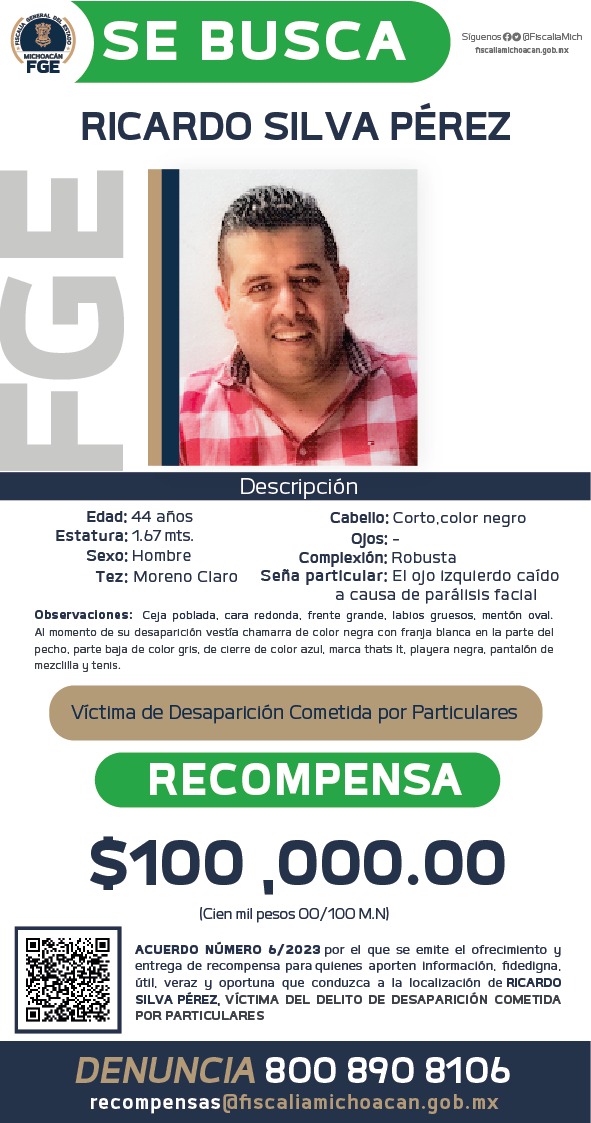 Ofrece FGE recompensa para localizar a Ricardo Silva Pérez, víctima de desaparición cometida por particulares