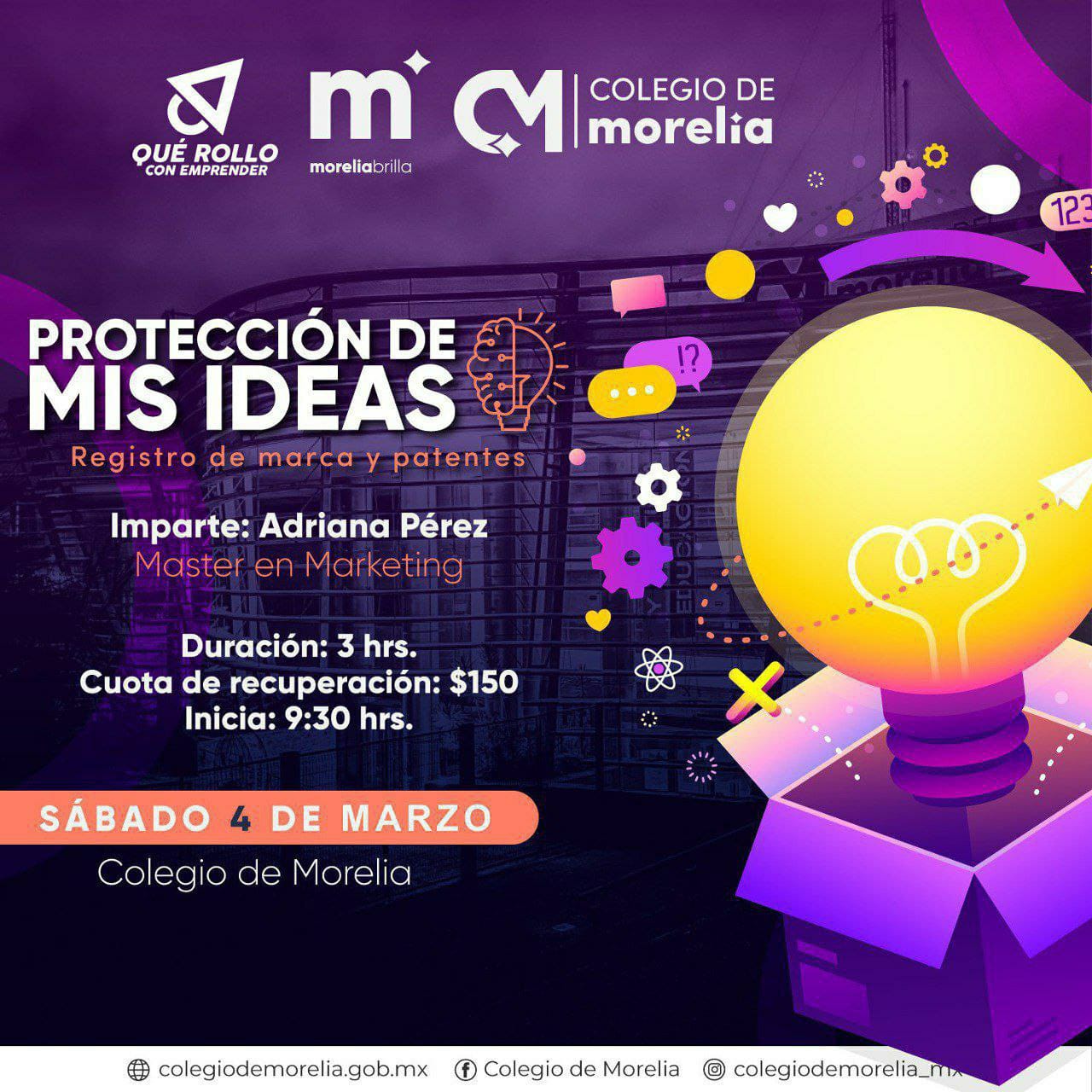 Colegio de invita a máster class “Protección de Mis Ideas”