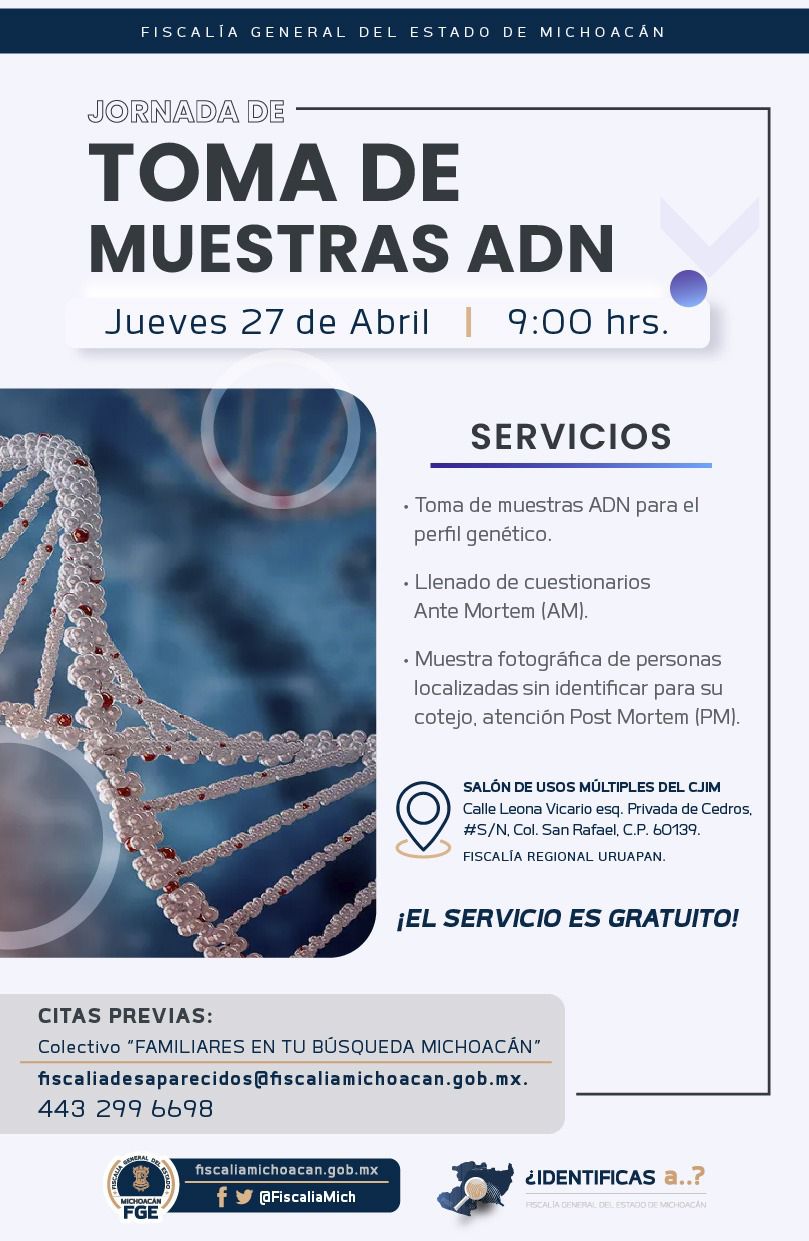 Realizará Fiscalía General jornada de tomas de muestras de ADN en Uruapan