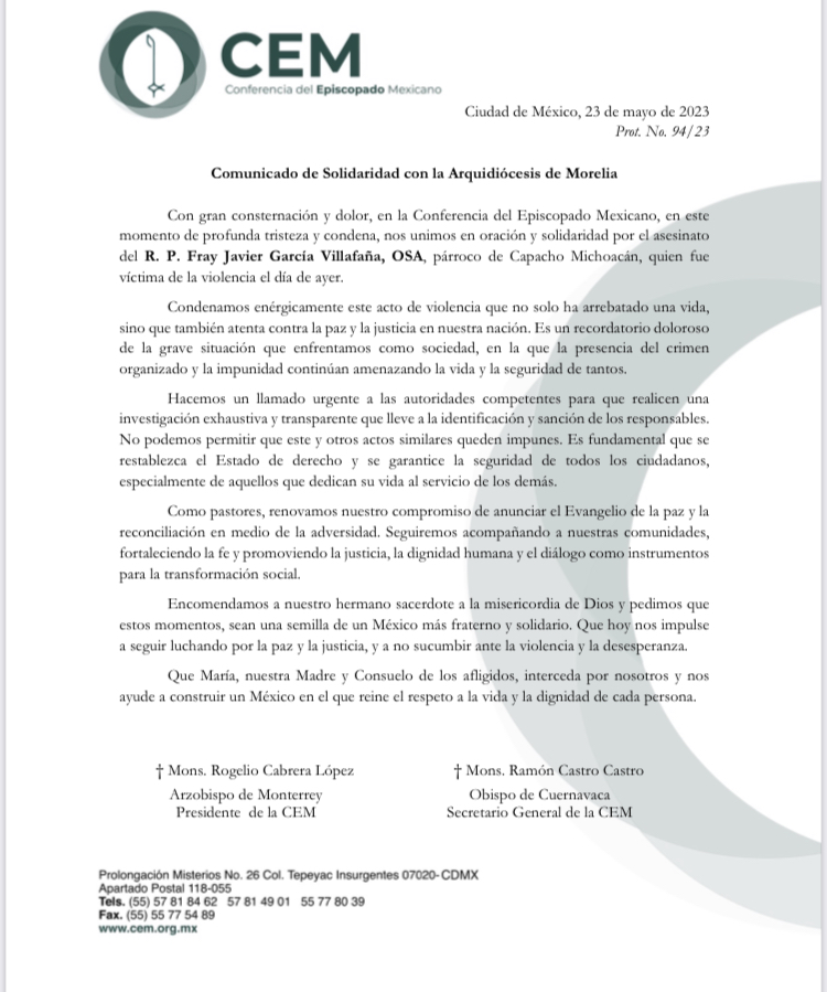 Comunicado de Solidaridad con la Arquidiócesis de Morelia